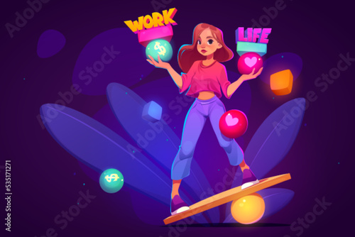 Work and life balance concept with young girl balancing on teeterboard with heart and dollar sign in hands. Choice between career and family, freelance abstract metaphor Cartoon vector illustration