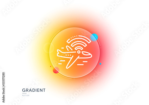 Airplane wifi line icon. Gradient blur button with glassmorphism. Aircraft wi-fi sign. Inflight internet symbol. Transparent glass design. Airplane wifi line icon. Vector