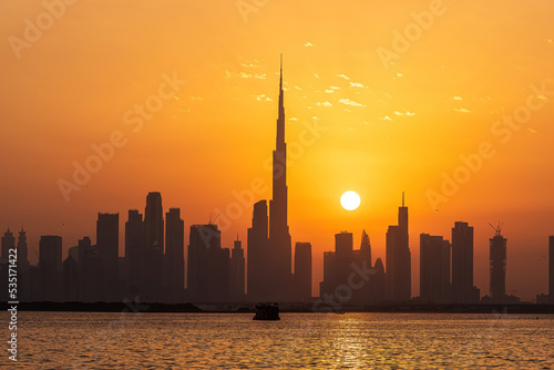 Oct 1st  2022 - Dubai  UAE  The Dubai city skyline and Burj Khalifa silhouette