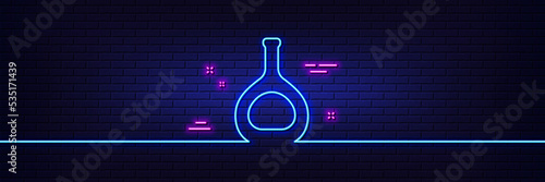Neon light glow effect. Cognac bottle line icon. Brandy alcohol sign. 3d line neon glow icon. Brick wall banner. Cognac bottle outline. Vector
