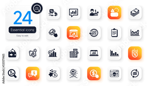 Set of Finance flat icons. Delivery discount, Graph chart and Buy currency elements for web application. Euro rate, Wallet, Loan percent icons. Business growth, Clipboard. Vector
