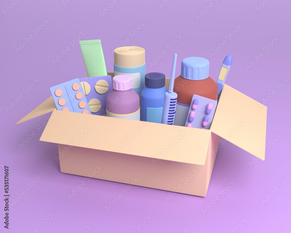 Delivery of medicines home from the pharmacy. Cardboard box with medicines, pills, bottles. Charitable assistance, volunteering. 3d rendering Delivery of medicines home from the pharmacy. Cardboard box with medicines, pills, bottles. Charitable assistance, volunteering. 3d rendering