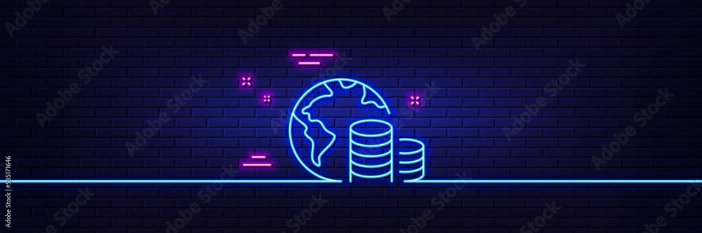 Neon light glow effect. World budget line icon. Internet financial trade sign. Global economy symbol. 3d line neon glow icon. Brick wall banner. Budget outline. Vector Neon light glow effect. World budget line icon. Internet financial trade sign. Global economy symbol. 3d line neon glow icon. Brick wall banner. Budget outline. Vector