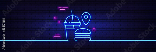 Neon light glow effect. Food delivery line icon. Meal order location sign. Fast food symbol. 3d line neon glow icon. Brick wall banner. Fast food outline. Vector