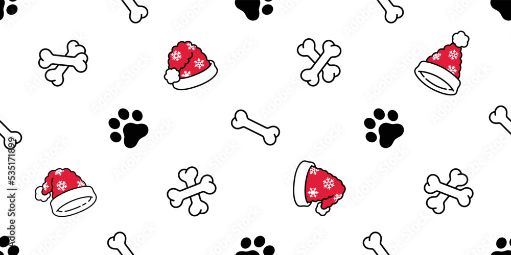 dog paw seamless pattern bone christmas santa claus hat snowflake ...
