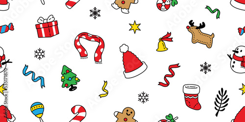 Christmas seamless pattern Santa Claus hat christmas tree snowflake gift box snowman raindeer ginger bread bell scarf isolated tile background repeat wallpaper illustration gift wrapping paper design