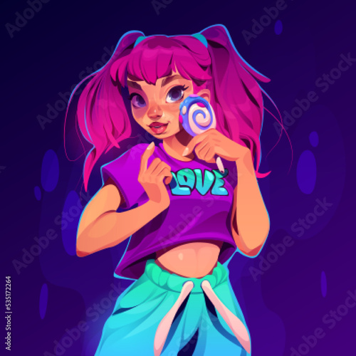 Teen girl with lollipop, young beautiful woman with smiling face, pink hair wear trendy hipster clothes. Sexy carefree positive teenager posing on abstract blue background, Cartoon vector illustration