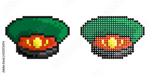 Pixel icon. Officer cap, headdress with cockade of military general. Simple retro game vector isolated on white background