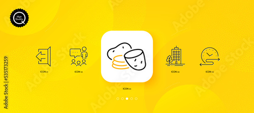 People chatting, Skyscraper buildings and Potato minimal line icons. Yellow abstract background. Time schedule, Sign out icons. For web, application, printing. Vector