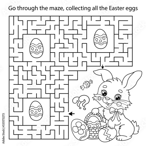 Maze or Labyrinth Game. Puzzle. Coloring Page Outline Of cartoon cute Easter bunny with eggs and sweets. Coloring Book for kids.