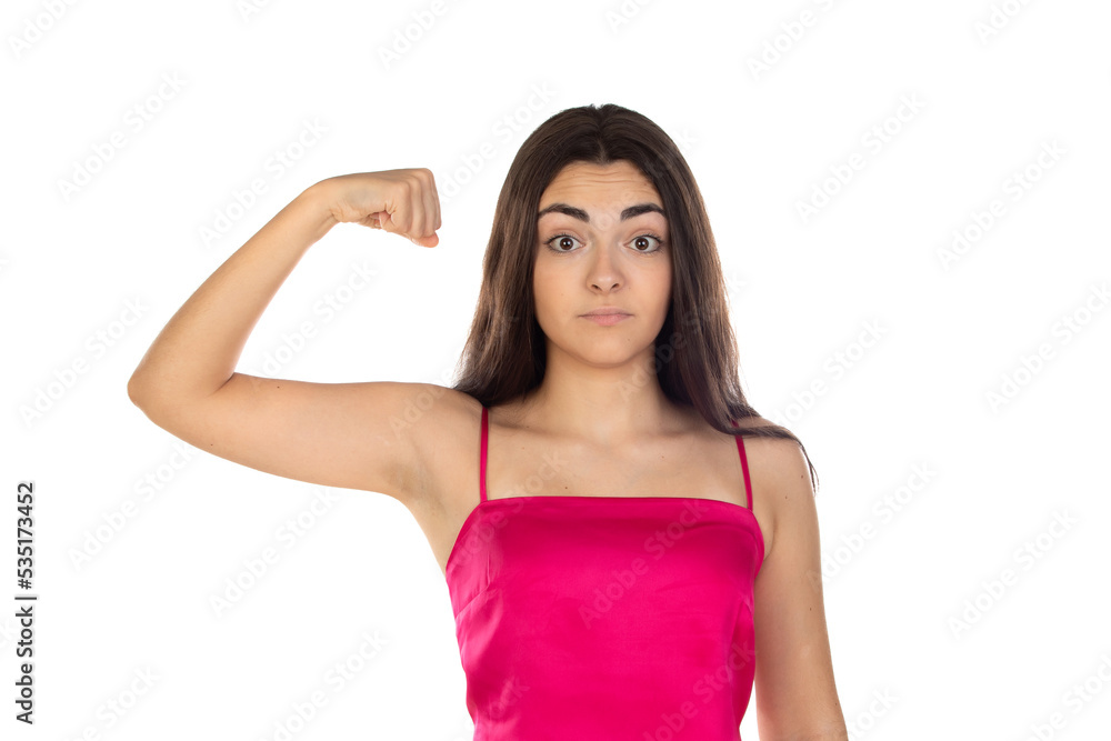 Strong powerful brunette woman with raises arms and shows biceps Strong powerful brunette woman with raises arms and shows biceps