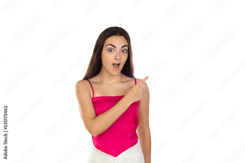 Young brunette girl raising her arms and looking up Young brunette girl raising her arms and looking up