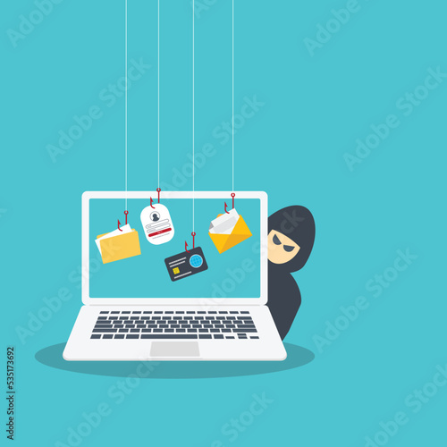 Hacker with laptop computer stealing confidential data, personal information and credit card detail. Hacking concept.	