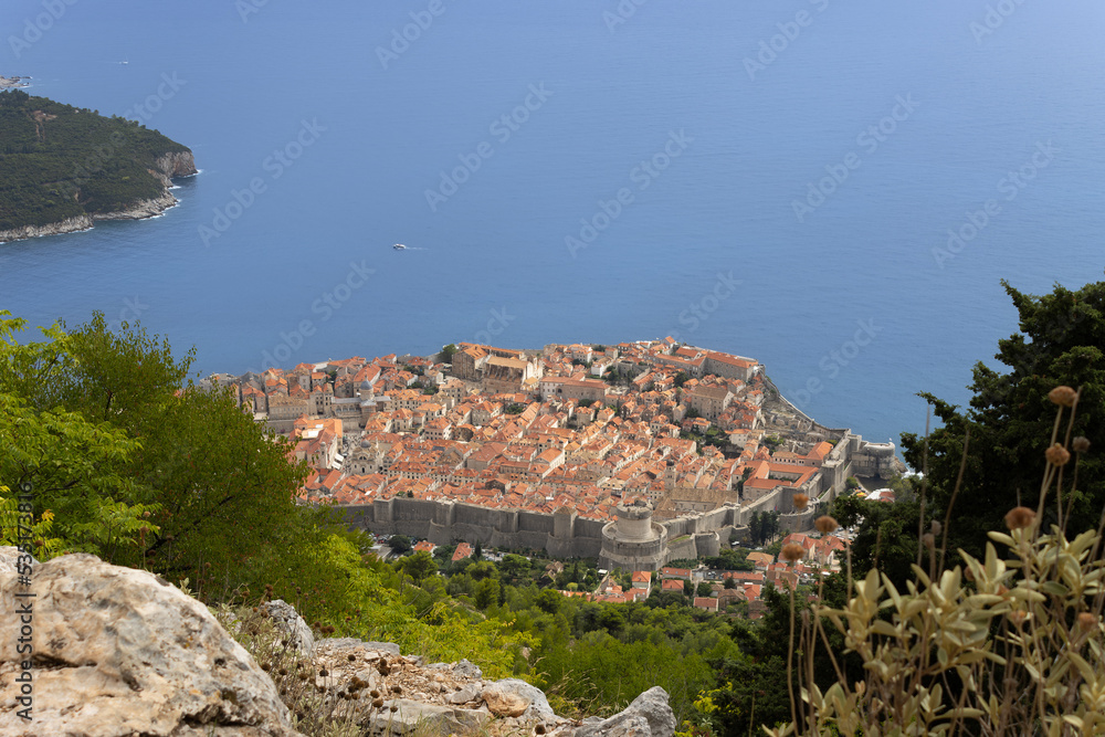 The old city of Dubrovnik as seen from Mount Srd in Croatia. With in the back the Adriatic Sea.