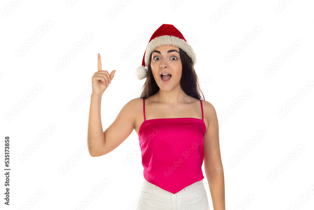 Beautiful brunette girl in santa claus hat isolated on white background with copy space Beautiful brunette girl in santa claus hat isolated on white background with copy space