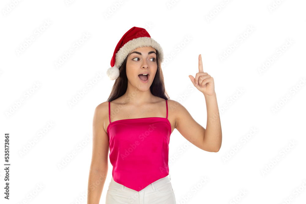 Beautiful brunette girl in santa claus hat isolated on white background with copy space Beautiful brunette girl in santa claus hat isolated on white background with copy space