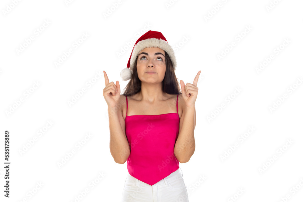 Beautiful brunette girl in santa claus hat isolated on white background with copy space Beautiful brunette girl in santa claus hat isolated on white background with copy space