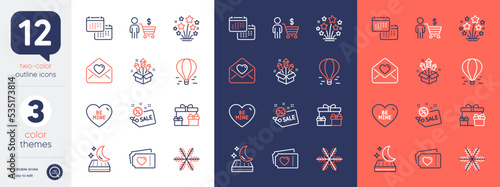 Set of Fireworks stars, Mattress and Love letter line icons. Include Buyer, Air balloon, Snowflake icons. Calendar, Fireworks rocket, Sale web elements. Surprise boxes, Be mine, Love tickets. Vector