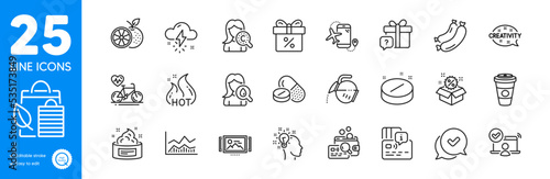 Outline icons set. Bio shopping, Medical tablet and Cardio bike icons. Image carousel, Flights application, Inspect web elements. Medical drugs, Approved, Trade infochart signs. Vector