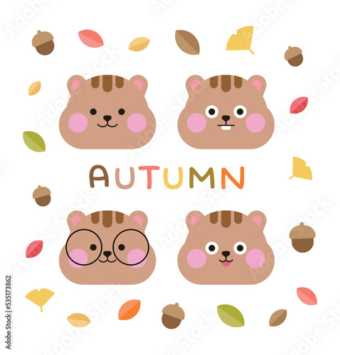 Fototapeta Naklejka Na Ścianę i Meble -  Autumn concept cute squirrel character design illustration set. Fallen leaves, ginkgo leaves and acorns pattern background.