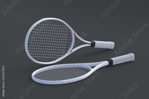Modern tennis racquets. Sports equipments. International tournament. Game for laisure. Favorite hobby. 3d render © OlekStock