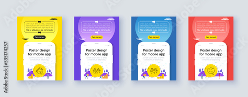 Simple set of Wallet, Hold heart and Safe time line icons. Poster offer design with phone interface mockup. Include Smile chat icons. For web, application. Money budget, Friendship, Management. Vector