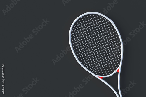 Tennis racquet. Sports equipments. International tournament. Game for laisure. Favorite hobby. Top view. Copy space. 3d render © OlekStock
