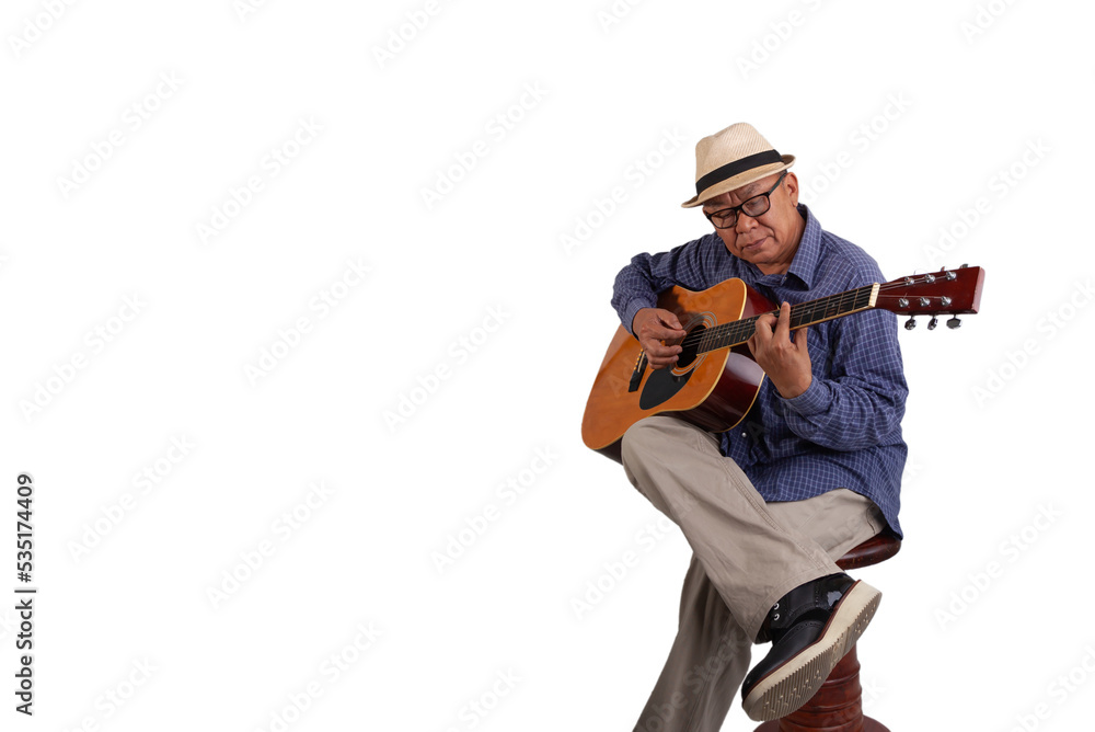 asian old man relaxing with play guitar asian old man relaxing with play guitar