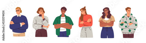 Sceptic unsure people doubt, think with suspicious puzzled face expressions. Doubtful serious characters set. Mistrust, distrust and disbelief. Flat vector illustrations isolated on white background photo