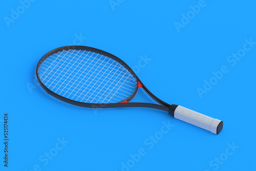 Tennis racquet on blue background. Sports equipments. International tournament. Game for laisure. Favorite hobby. 3d render