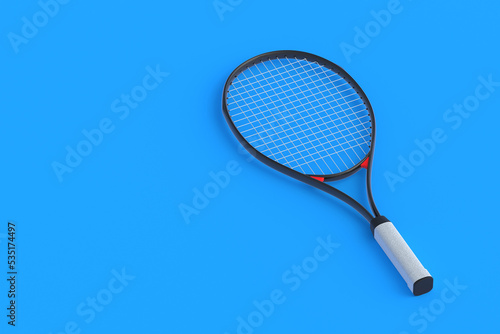 Tennis racquet on blue background. Sports equipments. International tournament. Game for laisure. Favorite hobby. Copy space. 3d render