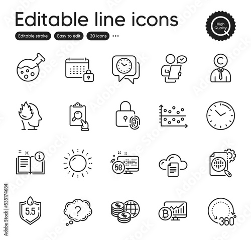 Set of Science outline icons. Contains icons as World money, Seo stats and Customer survey elements. Question mark, Bitcoin chart, Ph neutral web signs. Manual, File storage, Stress elements. Vector