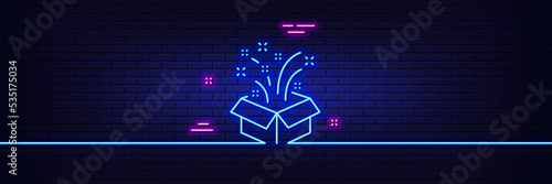 Neon light glow effect. Gift box open line icon. Christmas or New year presents sign. Surprise symbol. 3d line neon glow icon. Brick wall banner. Gift outline. Vector