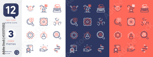 Set of Typewriter, Chemistry experiment and Question mark line icons. Include Computer fan, Chemical hazard, Certificate icons. Medical mask, Timeline, Alcohol addiction web elements. Vector