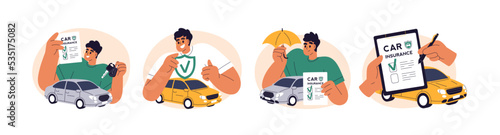 Car insurance coverage concept. Driver and paper document for insured auto vehicle. Automobile protection, security, safety set. Flat graphic vector illustrations isolated on white background
