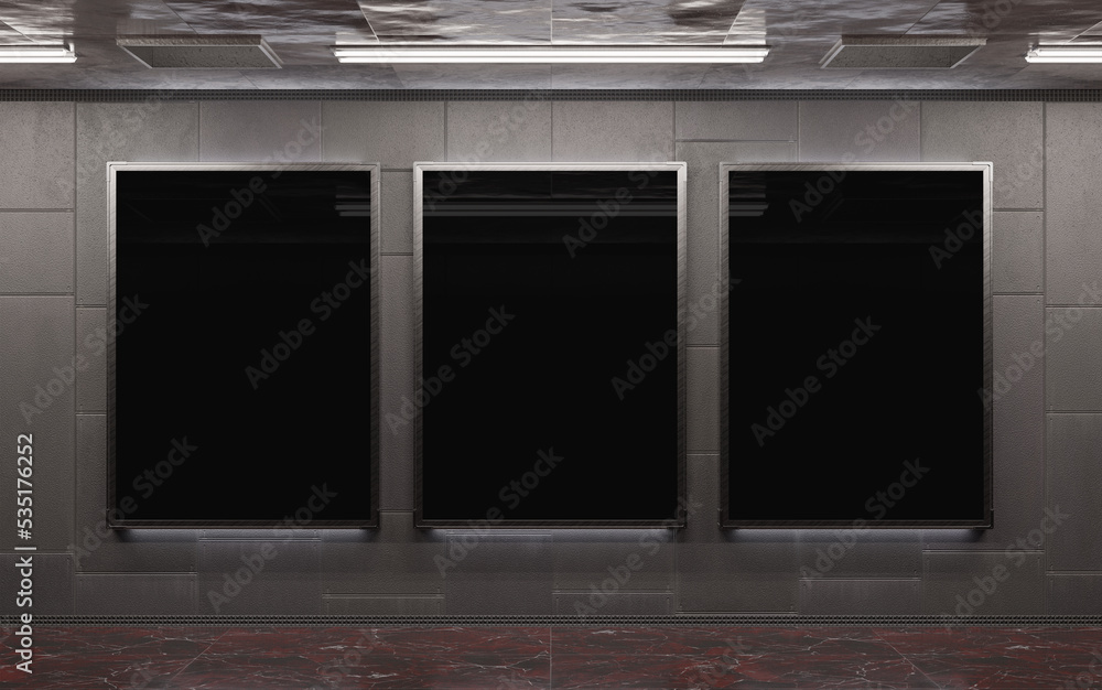 Three blank billboards on underground subway wall Mockup. Hoardings advertising triptych on train station interior 3D rendering