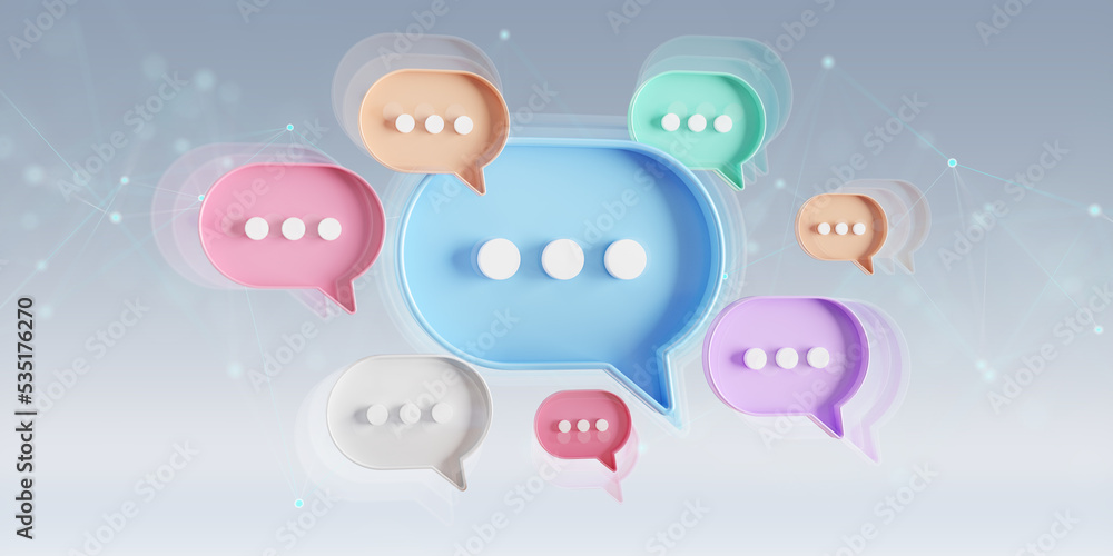 Minimalist blue red orange green purple speech bubbles talk icons floating over grey background. Modern conversation or social media messages with shadow. 3D rendering Minimalist blue red orange green purple speech bubbles talk icons floating over grey background. Modern conversation or social media messages with shadow. 3D rendering