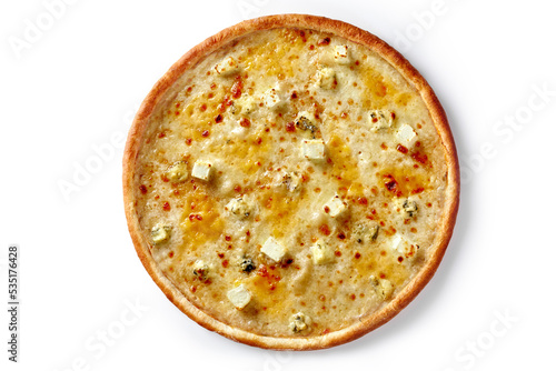 Pizza on thin dough with mozzarella, parmesan, blue cheese and feta on white background