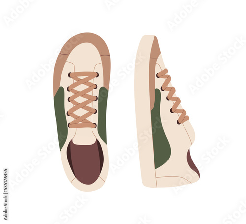 Sport shoes pair. Fashion modern casual sneakers top and side view. Comfy footwear. Comfortable trainers, foot wearing. Laced footgear. Flat vector illustration isolated on white background