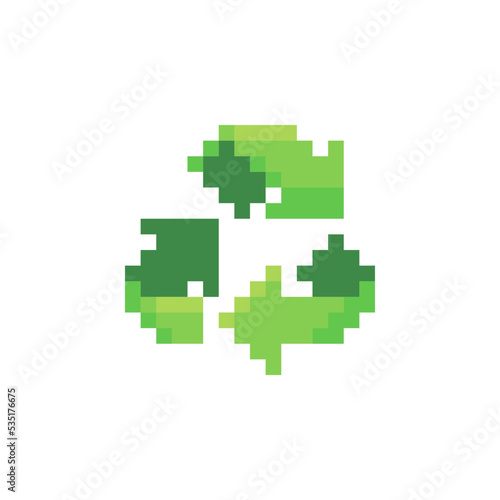Recycling symbol pixel art icon, design for stickers, logo, mobile app, badges and patches, 8-bit sprite. Isolated vector illustration.