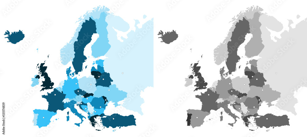 Europe Vector Map with capitals mapped (optionally). Europe Map. European Map.