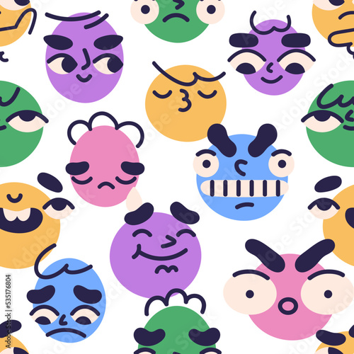Seamless pattern with face avatars, emojis with different expressions, emotio...