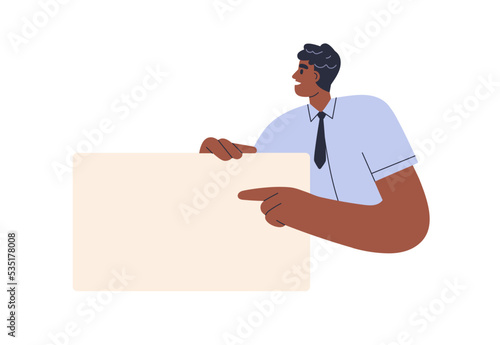 Employee presenting blank paper sheet. Office worker, black man holding, adve...