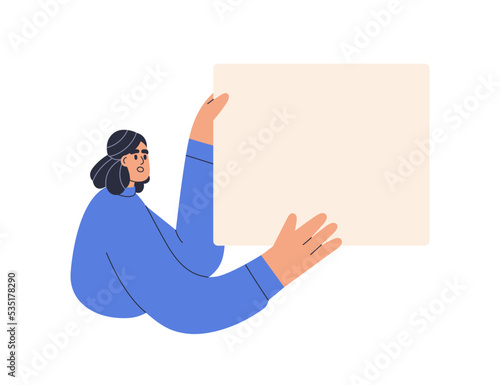 Woman holding blank paper card in hands for presenting, advertising. Person showing empty banner background, promotion, business presentation mockup. Flat vector illustration isolated on white
