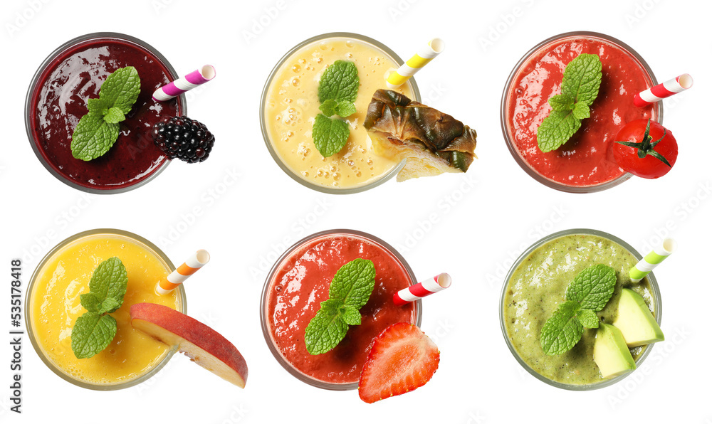 Set with different tasty smoothies on white background, top view Set with different tasty smoothies on white background, top view