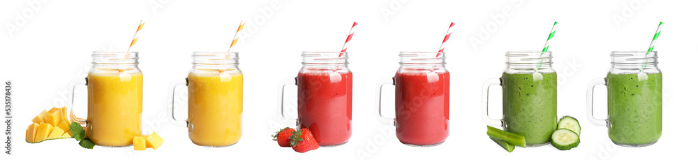 Set with different tasty smoothies on white background. Banner design
