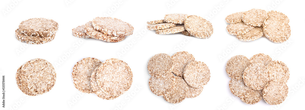 Set with tasty crunchy puffed cakes on white background. Banner design Set with tasty crunchy puffed cakes on white background. Banner design