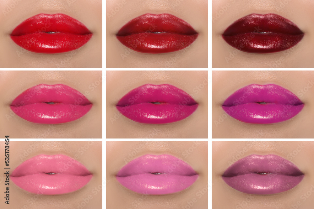 Obraz premium Collage with photos of woman with different beautiful lipsticks, closeup