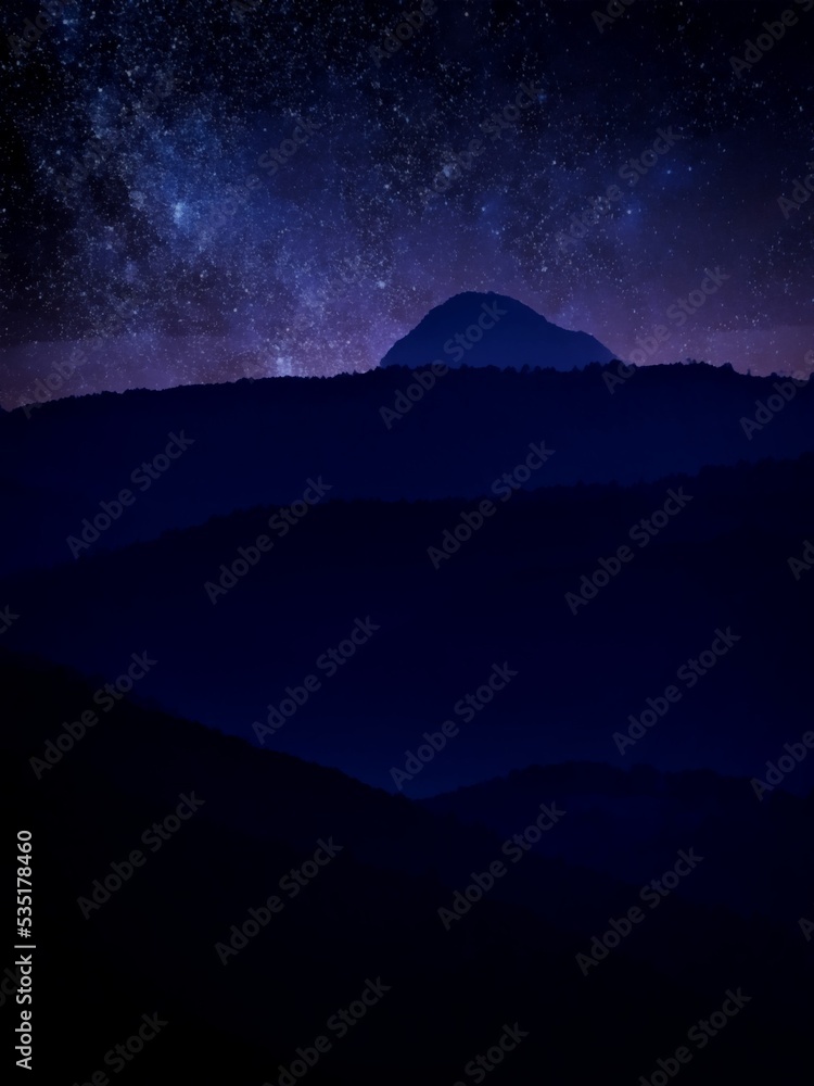 Dark purple unreal scenic  background far away small hill stars backdrop