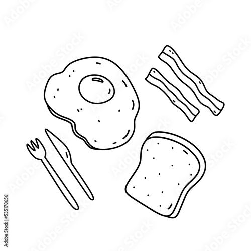 Fried eggs with toast and bacon isolated on white background. Food for breakfast. Vector hand-drawn illustration in doodle style. Perfect for recipes, decoration, logo, menu, various designs.